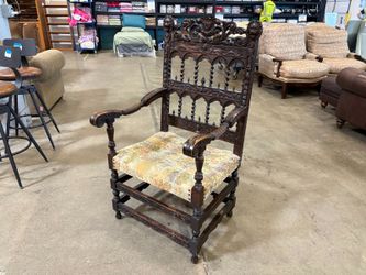 Antique Oak Throne Chair with Twisted Spindles and Intricate North Wind Face Carvings