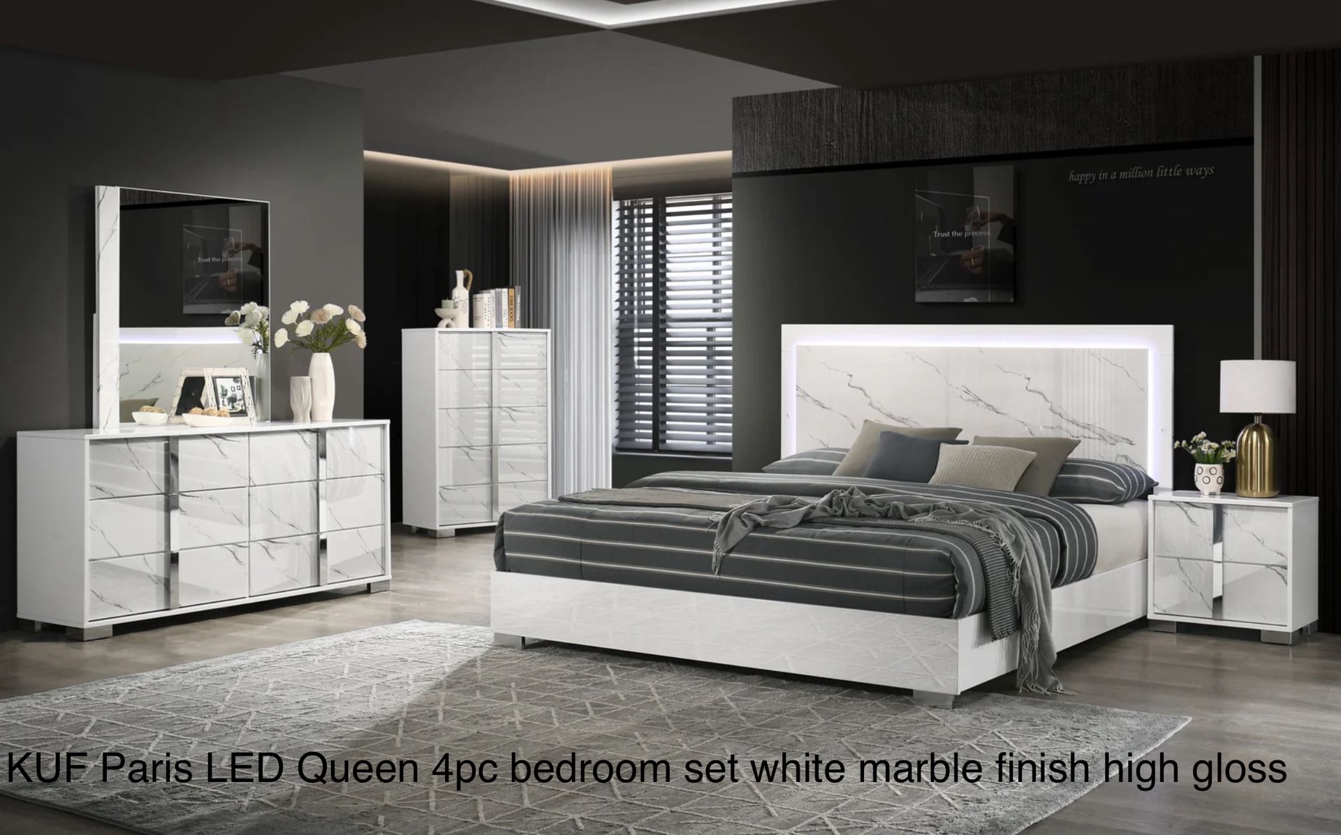 New LED Queen 4pc Bedroom Set White Marble Finish High Gloss/silver Handles And Legs