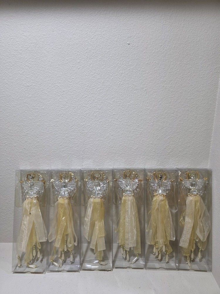Clear Glass 10 1/2" Angel Figurine Ornament with Yellow Ribbon Skirt
