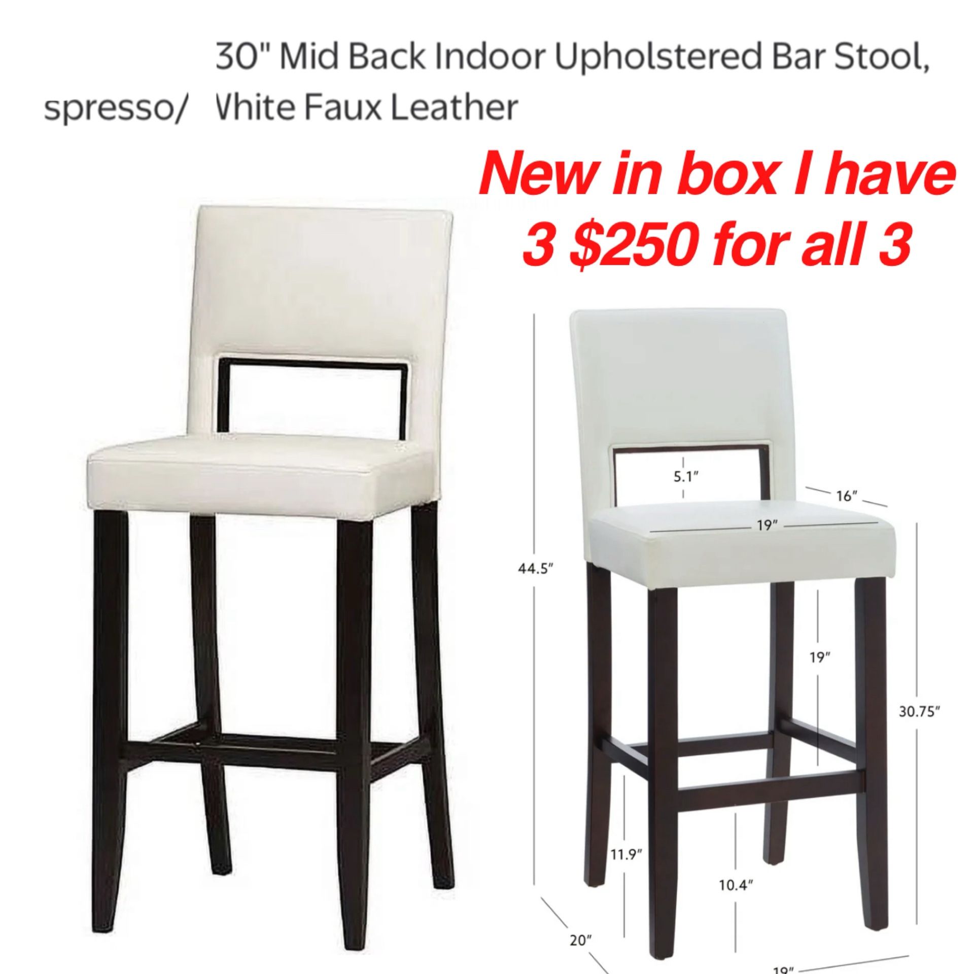 New in box  30" Mid Back Indoor Upholstered Bar Stools , set of 3 Espresso/ White Faux Leather $250 all 3  Cash only East Palmdale  off 47th &R8 Addre