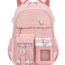 Girls Backpack with Cute Pin Accessories Plush Pendant Kawaii Backpack Cute Aesthetic Backpack for Teens Girls Women Students (Pink)
