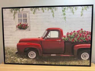 Lori Deiter Large Framed Vintage Red Truck Canvas Wall Art – Rustic Farmhouse Decor