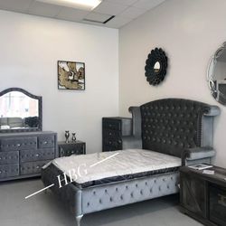 Grey Platform Bedroom set ( nightstand Dresser mirror and bed) 