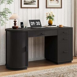 57.9'' Mid-Century Executive Desk With Drawers, File Cabinet And Power Outlet, Home Office Computer Desk With Storage Cabinet