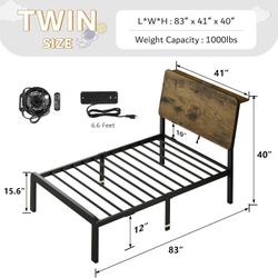 Twin Size Metal Platform Bed Frame, with LED Lights & Charging Station, Steel Slats Support, Rustic  