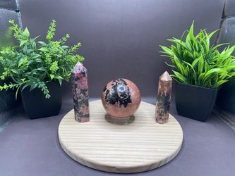 Hand Carved Rhodonite Sphere 479g 63mm, Tower (2) 136g & 92g Bundle