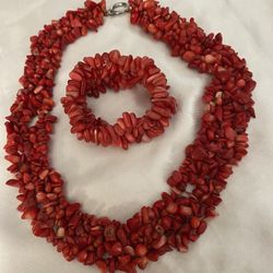 Red Coral Beads Necklace & Bracelet Set 
