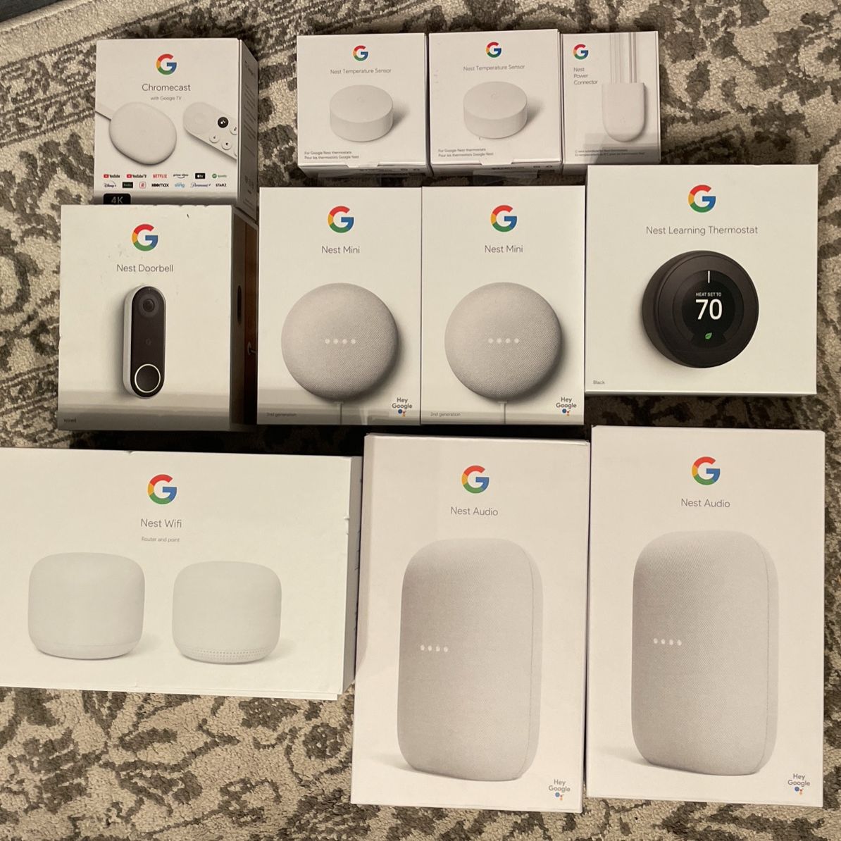 Google Nest Smart Home Devices  - Nearly $1000 New - Mesh Wi-Fi Router Thermostat Speakers Doorbell Chromecast