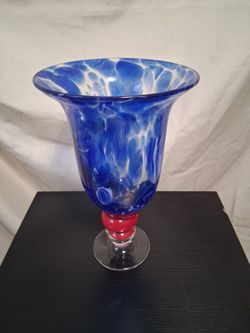 Murano Style Hand Blown Blue,white,red Glass Pedestal Vase