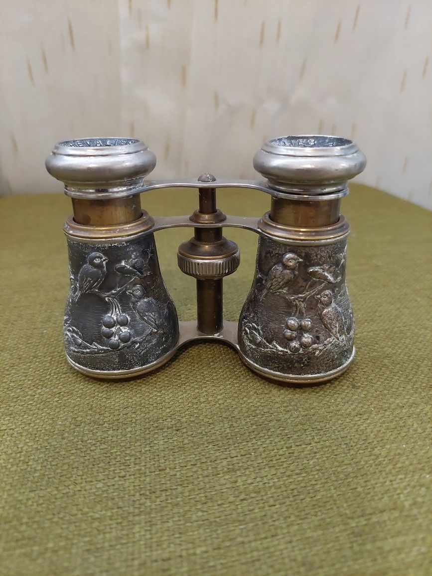 RARE Vintage Chevalier Paris Opera Glasses Binoculars Silver Plate Birds Berries