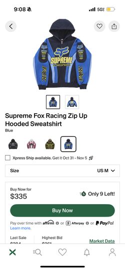 Medium Supreme Fox Racing Zip Up Hooded Sweatshirt
