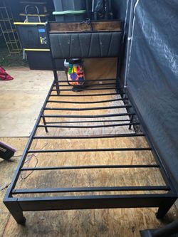 Twin Metal Bed Frame with Upholstered Headboard