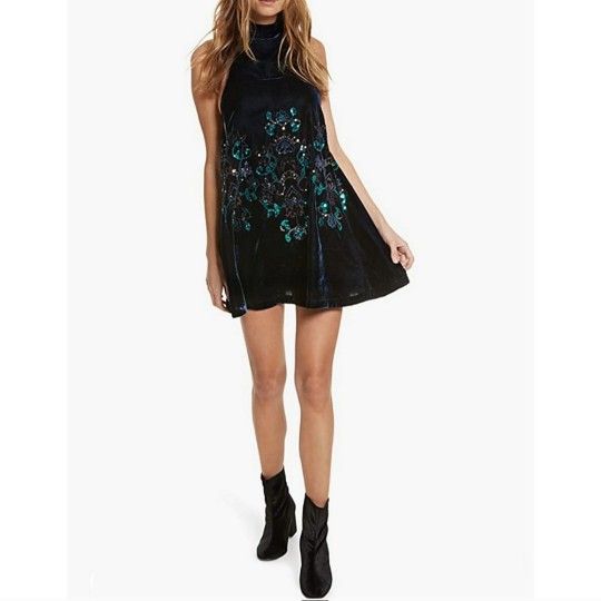 FREE PEOPLE Blue Velvet Sequined Semi-Formal Dress Womens Medium
