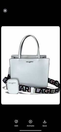 Karl Lagerfeld Paris Maybelle satchel crossbody bag in pastel blue faux leather with a logo strap and a matching small pouch
