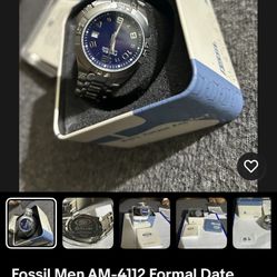 Fossil Men AM-4112 Formal Date Silver Tone Stainless Steel 36mm Quartz Watch 7"