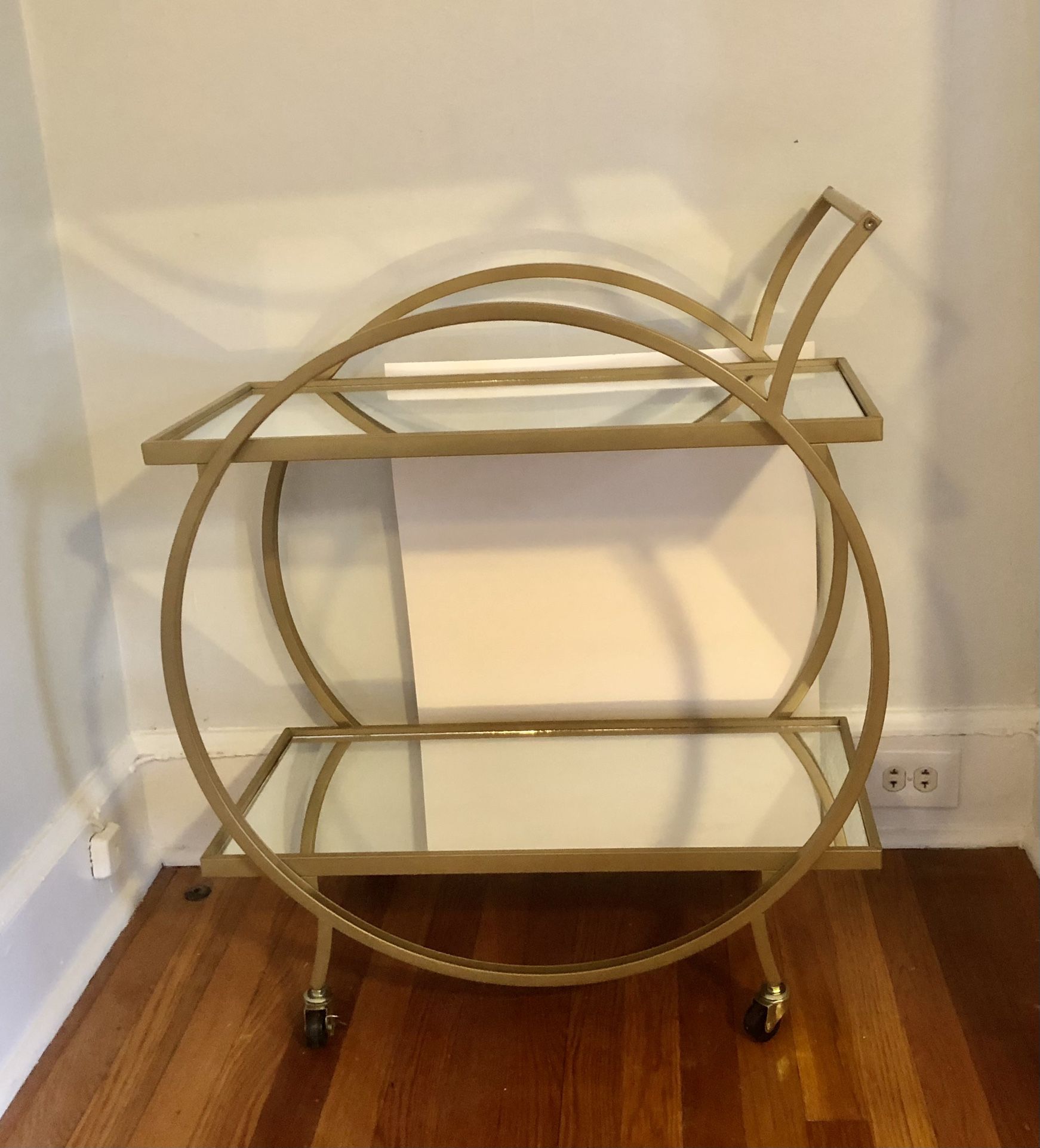 Bar Cart • Round Gold Metal, Mirrored Shelves, Casters