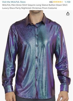 WULFUL Men Dress Shirt Sequins Long Sleeve Button Down Shirt Luxury