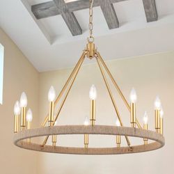 12-Lights Gold Wagon Wheel Chandelier 26.77" Large Gold Farmhouse Chandelier Vintage Circle Light Fixture for Dining Room Kitchen Island Height L22