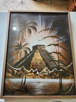 Original Signed Tropical Pyramid Temple Painting Framed Art Michaels 18x24