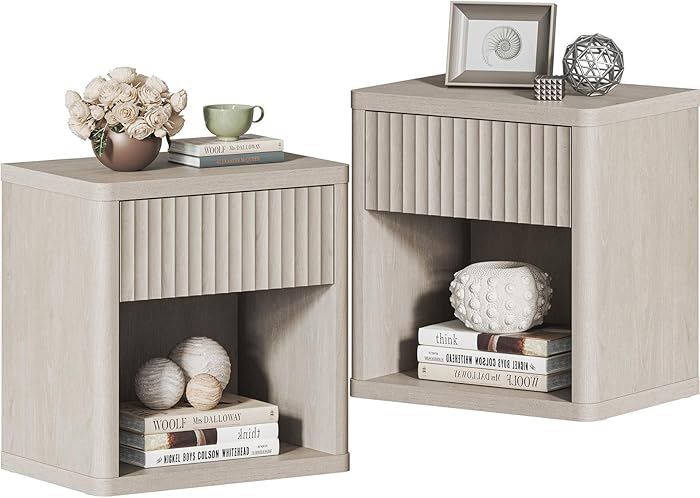  Night Stand Set of 2 Nightstands with Drawer Storage Fluted Bed Side Table End Table Large Modern Wide Bedside Stand Mid Century Night Stands for Bed