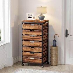 New 7 Drawer Chest, Storage Dresser Cabinet with Wheels, Industrial Storage Organizer Rustic Brown