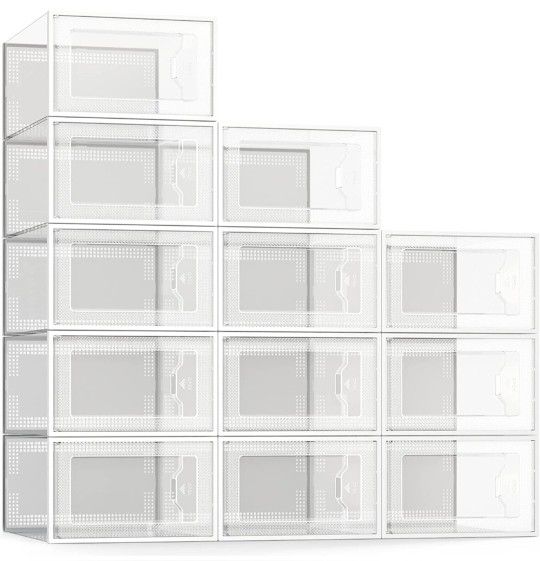SEE SPRING Large 12 Pack Shoe Storage Box, Clear Plastic Stackable Shoe Organizer for Closet, Space Saving Foldable Shoe Rack Sneaker Container Bin Ho