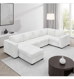SF50 $400  127" White Modular U-Shaped Sofa with Ottoman - Convertible Layout, High-Density Foam & Solid Wood Frame  Assembly Required Yes Shape Oval 
