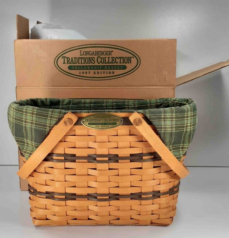Longaberger 1997 Traditions Collection Fellowship Basket, Fabric, Liner, in Box