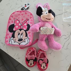 BRAND NEW DISNEY MINNIE MOUSE PLUSHCHARACTER 20" ,MINNIEMOUSEBACKPACK& SLIPPERS SZ 7-8 SEE DESCRIPTION 
