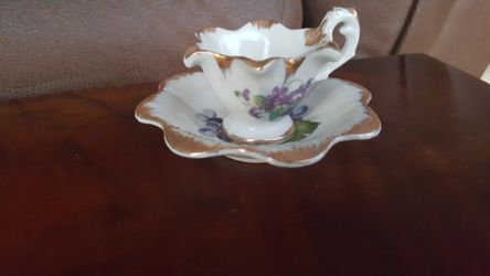 Antique Sweet Miniature Tea Cup and Saucer with Gold Trim and scalloped edges