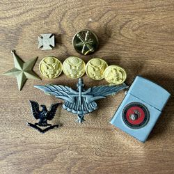 Vintage Military Buttons, Pins and Lighter - One Lot. 