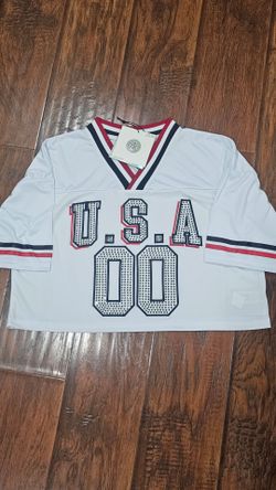 White USA crop top women's jersey with rhinestones