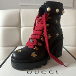 Gucci Faux Pearl Accents Leather Combat Boots