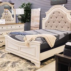 [[ASKdISCOUNTcOUPOn🍥queen King full twin bed dresser mirror nightstand bunk mattress /3pcs/rely Chipped White Upholstered Panel Bedroom Set 