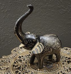 Vintage Solid Brass Elephant Statue / Figurine With Ornate Carving 