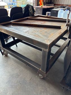 Heavy, steel, fabricating welding table on casters