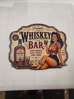 Whiskey bar with pinup girl faux vintage steel metal sign