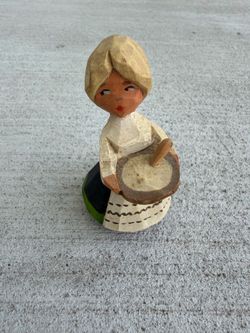 Hand Carved Scandinavian Wooden Girl Figurine Bowl Spoon Folk Art Made in Scandinavia