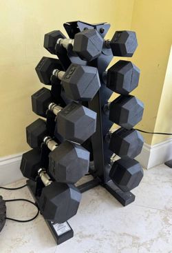 SET  OF  NEW  RUBBER  DUMBBELLS (PAIRS OF)  : 5s 10s 15s 20s 25s  &  NEW  PYRAMID  RACK = Saves Space