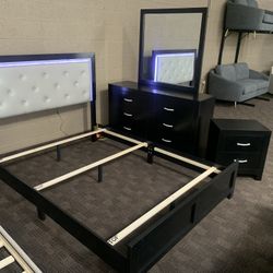 Black Queen LED Light Bed Set With Dresser