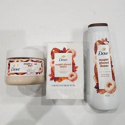3pk Dove limited edition maple glazed donut soaps , body scrub , body wash