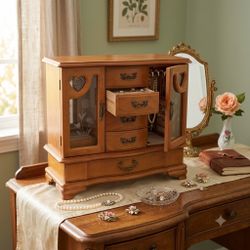 Vintage Wooden Jewelry Armoire Cabinet with Etched Glass Doors