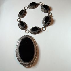 Vintage Mexican Silver And Obsidian Bracelet And Brooch