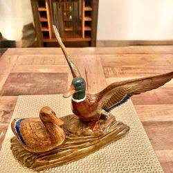 DRAKE & HEN MALLARDS.  Male courting Female- ON DRIFTWOOD - Ceramic