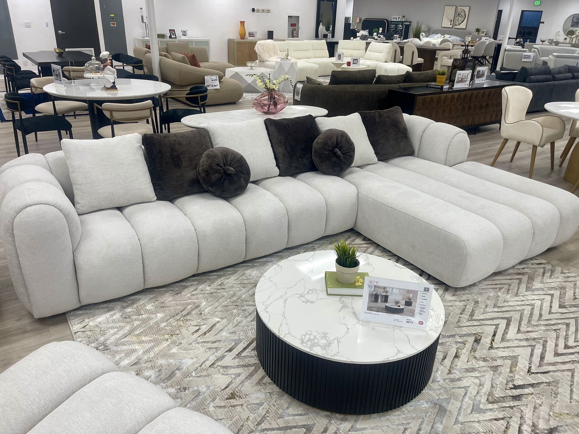 Sectional Sofa - Ivory White Linen Extra Wide Chaise With 8 Accent Pillows 
