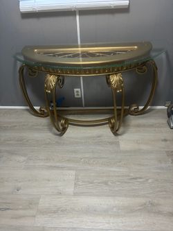 Vintage Gold Ornate Half Moon Console Table with Glass Top