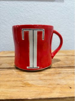 Anthropologie Colorway Hand Painted Monogram Red Ceramic Mug Initial Letter T 12oz