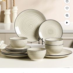 Malacasa 12 Pcs Dinnerware Sets, Stoneware Plates and Bowls Set, Tableware Dishwasher Microwave Safe, Serves for 4 People, Beige