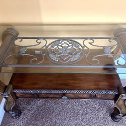 Ashley Console Accent sofa table drawer wood metal glass top D 20.38” x W 48” x H 30.25”