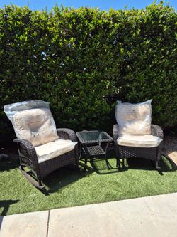 3 pieces Wicker Conversation Rocking Chairs Patio Color: dark brown